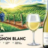 Butelka i kieliszek orzeźwiającego sauvignon blanc wino na tle słonecznych winnic.