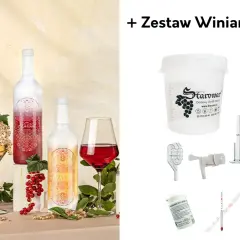 Butelki z winem i kieliszki z owocami, obok zestaw winiarza. Dowiedz się, jakie owoce najlepiej nadają się na domowe wino poza winogronami.