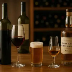 Butelki wina, piwa i whisky na drewnianym stole. W tle regał z winami. Wibracje lodówki mogły zaszkodzić winu.