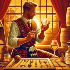 Mężczyzna w szkockiej spódnicy ocenia próbkę whisky, która może mieć objawy przesycenia dębem: zbyt gorzki i ściągający finisz.