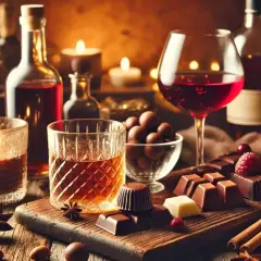 Degustacja whisky z ciemną czekoladą i serami. Na stole świece, owoce i przyprawy.