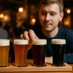Mężczyzna wybiera piwo z degustacyjnej deski. Czy warto leżakować piwa rzemieślnicze (barrel aged) w piwnicy?