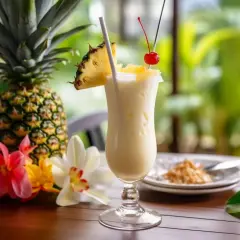 Dwa orzeźwiające drinki pina colada z ananasem i wisienką, otoczone świeżymi ananasami i tropikalnymi kwiatami.