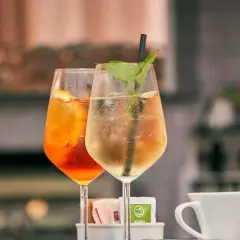 Dwa drinki z lodem i owocami, jeden pomarańczowy, drugi jasny. Czy warto kupować drogie giny do drinków mieszanych z owocami?