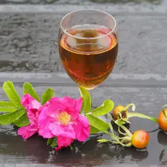 Wino z dzikiej róży: jak zrobić, właściwości i czas leżakowania. Kieliszek bursztynowego trunku, obok różowe kwiaty i owoce dzikiej róży na mokrym blacie.