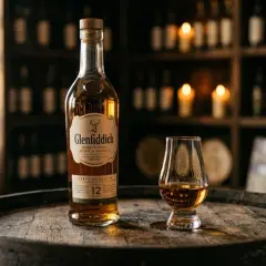 Butelka Glenfiddich 12yo Single Malt i kieliszek z whisky. Różnica między Single Malt a Blended Whisky, proces produkcji i cena.