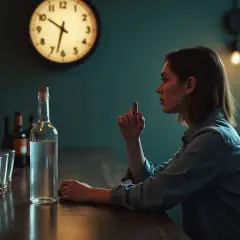 Kobieta przy barze zastanawia się, ile schodzi kieliszek wódki. Obok butelka i puste szklanki.