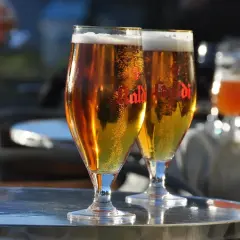 Dwa kieliszki złocistego piwa z pianką, idealne do degustacji aromatów i goryczki dzięki najlepszym technikom chmielenia na zimno (dry hopping).