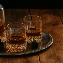 Dwa kieliszki whisky i karafka na tacy. Obok kostki chłodzące (stones) pokazują, dlaczego są lepsze od lodu, unikając rozcieńczenia.