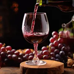 Czerwone wino z winogron, idealne do nauki jak zrobić wino z winogron czerwonych wytrawne. Gruszki, winogrona i korki dopełniają scenę.