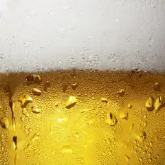 Zbliżenie na szklankę piwa z kroplami kondensacji i białą pianką na górze.