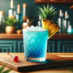 Orzeźwiający drink Blue Hawaii z ananasem i wisienką, idealny na tropikalny wieczór.