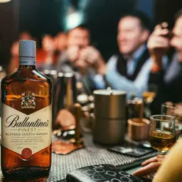 Butelka Ballantine's Finest na stole, obok kieliszek z whisky. Czy ballantine's może się przeterminować? Nie, whisky się nie psuje.
