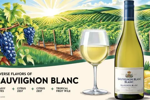Butelka i kieliszek orzeźwiającego sauvignon blanc wino na tle słonecznych winnic.