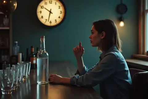 Kobieta przy barze zastanawia się, ile schodzi kieliszek wódki. Obok butelka i puste szklanki.