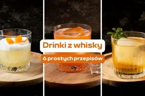 Trzy drinki z whisky: jeden z pianką i skórką pomarańczy, drugi pomarańczowy z lodem, trzeci ze świeżą miętą.