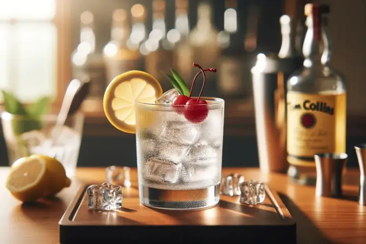 Orzeźwiający Tom Collins z cytryną i wiśnią, gotowy do podania. Obok butelka ginu i akcesoria barmańskie.