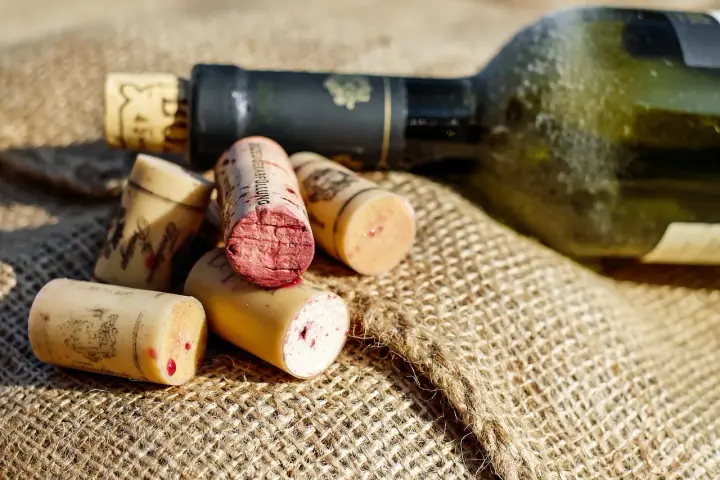 Kilka korków od wina leży na płótnie obok butelki. Czy wino korkowe jest szkodliwe? Nie, to tylko naturalny korek.