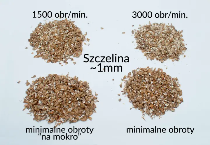 Porównanie śrutowania ziarna przy 1500 i 3000 obr/min, szczelina ~1mm. Analiza przyczyn niskiej wydajności zacierania i jak lepiej śrutować ziarno.