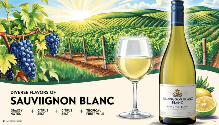 Butelka i kieliszek orzeźwiającego sauvignon blanc wino na tle słonecznych winnic.