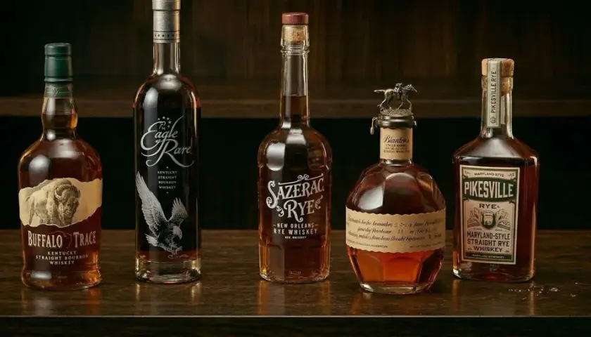Pięć butelek whiskey: Buffalo Trace, Eagle Rare, Sazerac Rye, Blanton's, Pikesville Rye. Różnica między spirytusem rektyfikowanym a destylatem rolniczym jest tu widoczna w jakości i charakterze trunków.