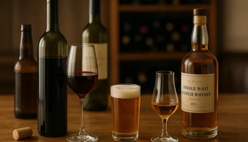 Butelki wina, piwa i whisky na drewnianym stole. W tle regał z winami. Wibracje lodówki mogły zaszkodzić winu.