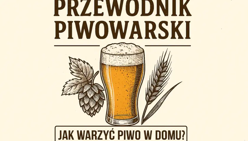 Przewodnik piwowarski: jak uwarzyć pierwsze domowe piwo z brewkita krok po kroku. Ilustracja z piwem, chmielem i kłosem.