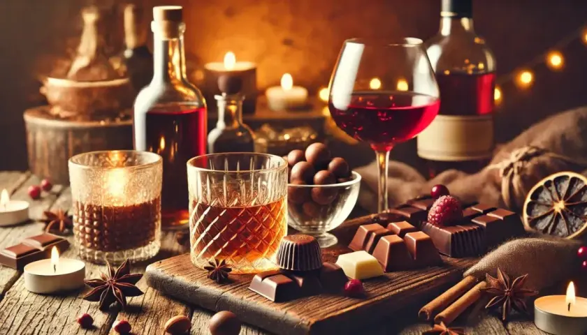 Degustacja whisky z ciemną czekoladą i serami. Na stole świece, owoce i przyprawy.