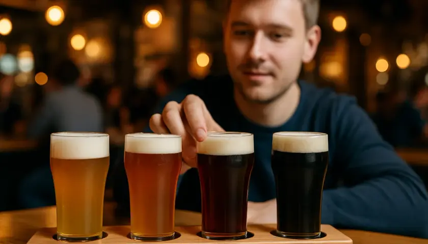 Mężczyzna wybiera piwo z degustacyjnej deski. Czy warto leżakować piwa rzemieślnicze (barrel aged) w piwnicy?