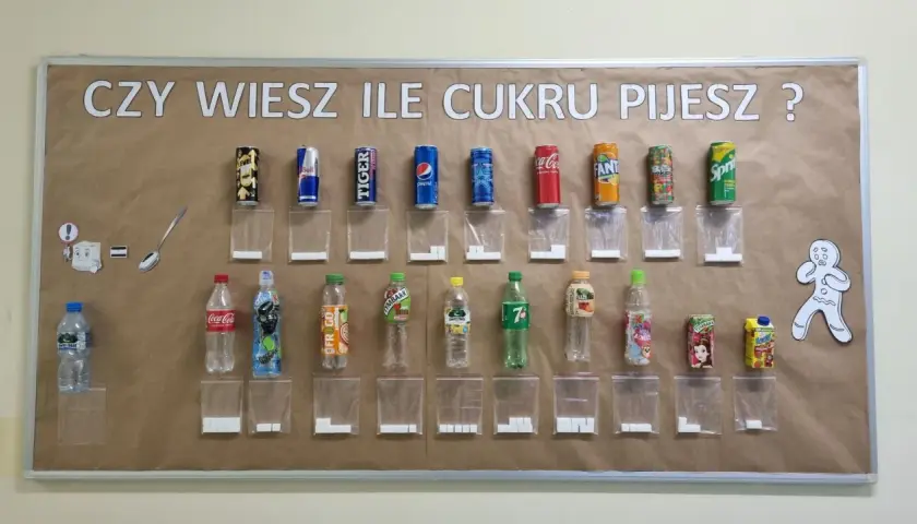Tablica edukacyjna pokazuje, ile cukru jest w popularnych napojach. Obok każdej butelki i puszki znajduje się woreczek z odpowiadającą ilością kostek cukru.