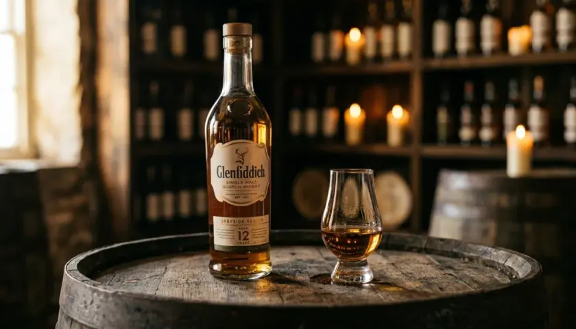 Butelka Glenfiddich 12yo Single Malt i kieliszek z whisky. Różnica między Single Malt a Blended Whisky, proces produkcji i cena.