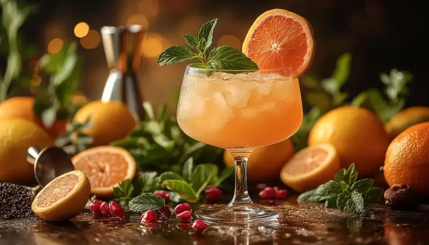 Orzeźwiający drink z plasterkiem pomarańczy i miętą. Wokół cytrusy, granaty i zioła – najlepsze techniki garnirowania drinków.