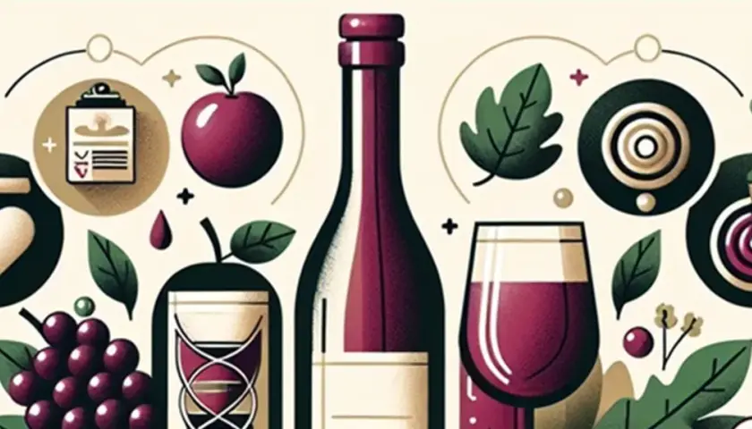 Ilustracja z winem, jabłkami i winogronami. Może symbolizować przyczyny musowania wina, które powinno być spokojne, np. błędy fermentacji.