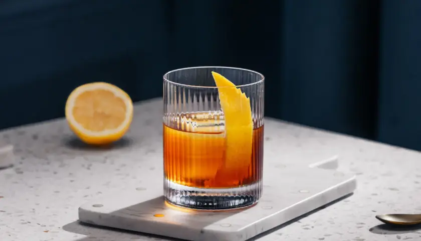 Klasyczne Old Fashioned z odpowiednią kostką lodu i skórką pomarańczy. Idealny drink na wieczór.