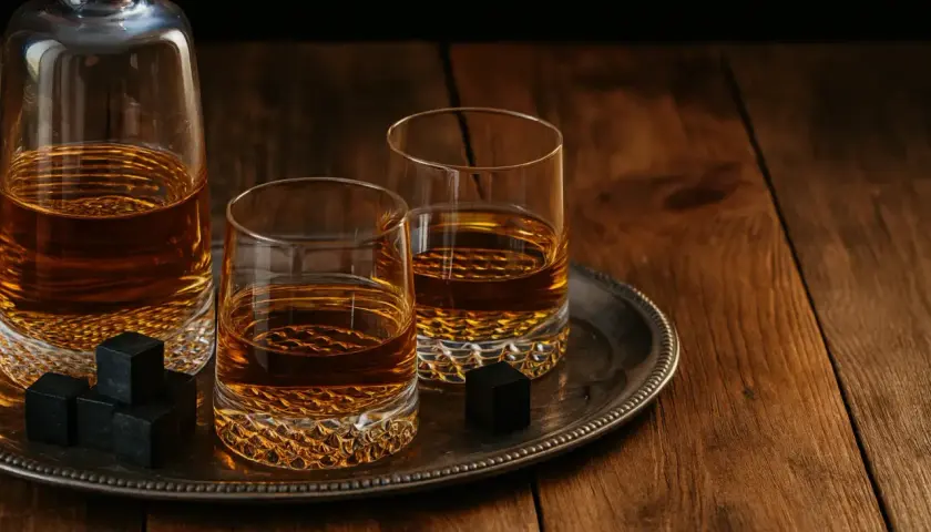 Dwa kieliszki whisky i karafka na tacy. Obok kostki chłodzące (stones) pokazują, dlaczego są lepsze od lodu, unikając rozcieńczenia.