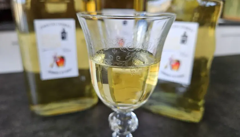 Szklanka z domową whisky "pudrową" z miodem i przyprawami, w tle butelki. Idealna na zimowe wieczory.