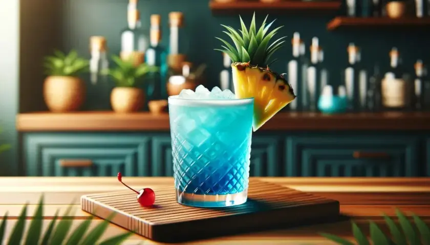 Orzeźwiający drink Blue Hawaii z ananasem i wisienką, idealny na tropikalny wieczór.
