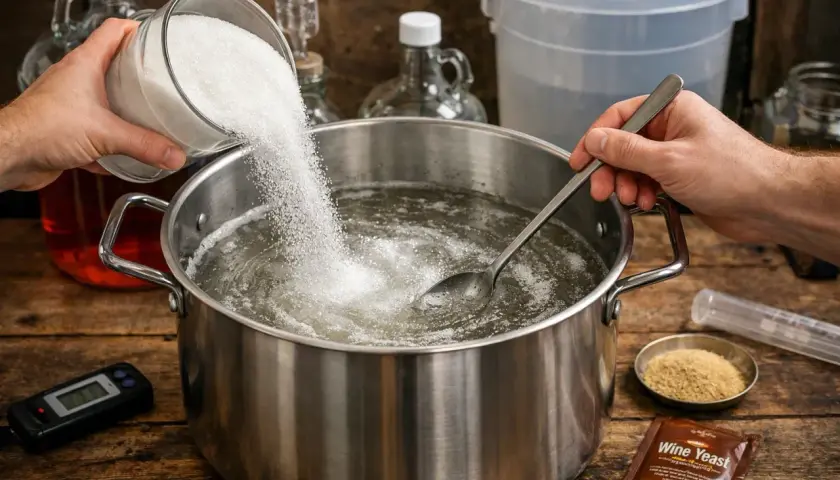 Wsypywanie cukru do garnka z wodą, by uniknąć posmaków bimbrowych i estrów, które mogą powstać przez zbyt wysoką temperaturę fermentacji.