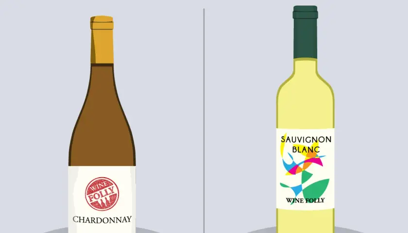 Ilustracja porównuje butelki Chardonnay i Sauvignon Blanc, podkreślając różnicę między szczepem Chardonnay a Sauvignon Blanc w aromacie.