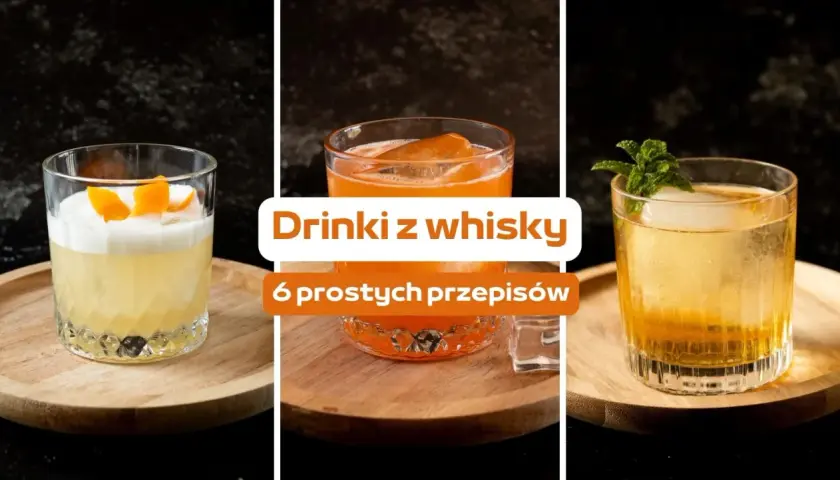 Trzy drinki z whisky: jeden z pianką i skórką pomarańczy, drugi pomarańczowy z lodem, trzeci ze świeżą miętą.