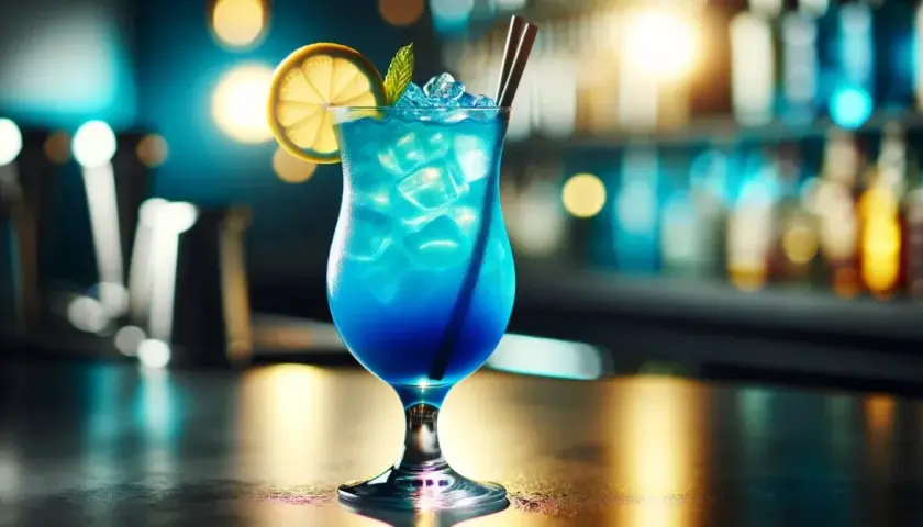 Orzeźwiający blue lagoon drink z lodem, plasterkiem cytryny i miętą, stojący na barze w klubie.