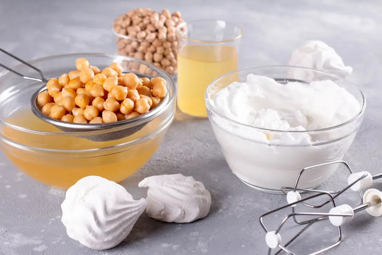 Czy warto stosować zamienniki białka jaja (aquafaba) w drinkach wegańskich? Na zdjęciu ciecierzyca, aquafaba i ubita pianka.
