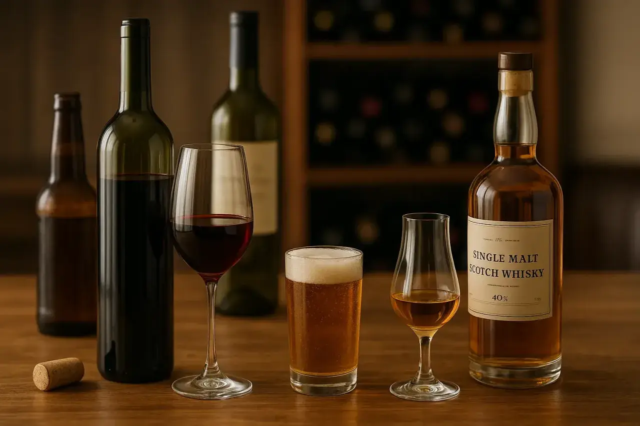 Butelki wina, piwa i whisky na drewnianym stole. W tle regał z winami. Wibracje lodówki mogły zaszkodzić winu.