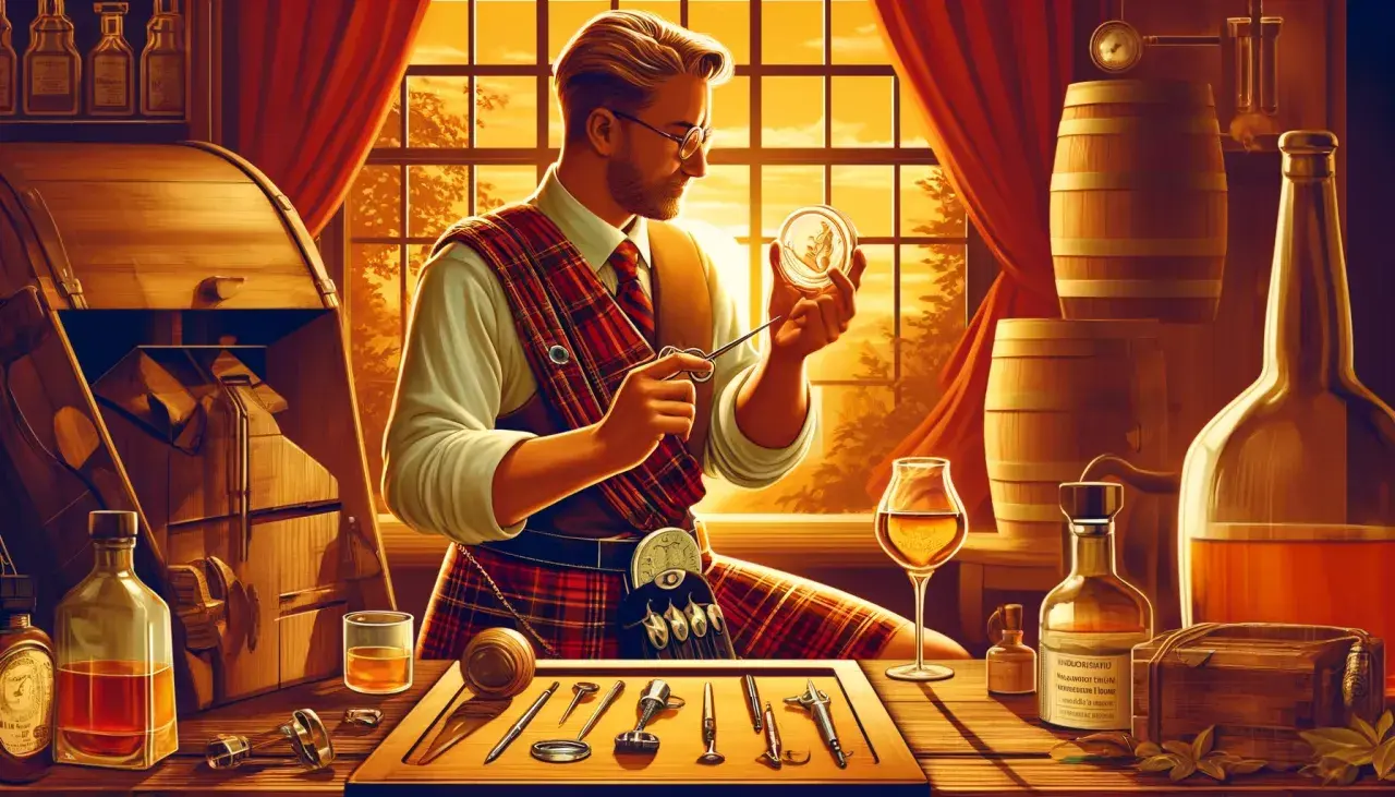 Mężczyzna w szkockiej spódnicy ocenia próbkę whisky, która może mieć objawy przesycenia dębem: zbyt gorzki i ściągający finisz.