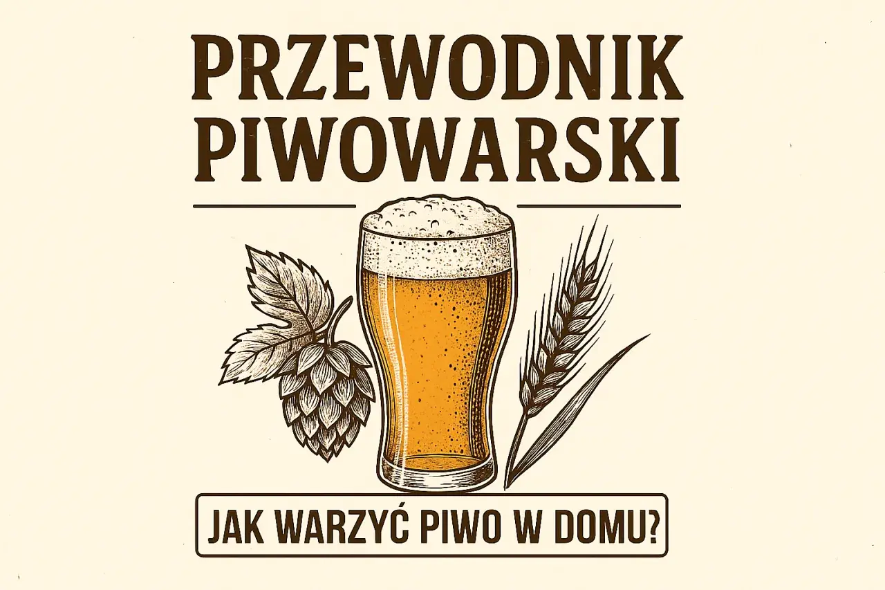 Przewodnik piwowarski: jak uwarzyć pierwsze domowe piwo z brewkita krok po kroku. Ilustracja z piwem, chmielem i kłosem.