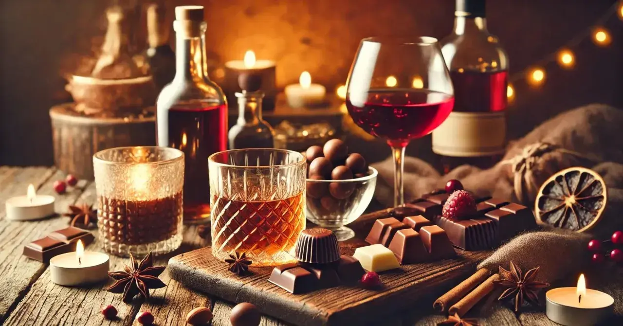 Degustacja whisky z ciemną czekoladą i serami. Na stole świece, owoce i przyprawy.