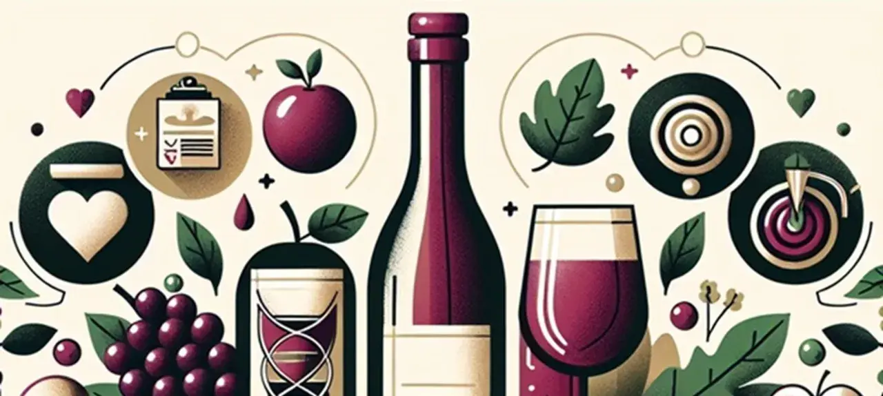 Ilustracja z winem, jabłkami i winogronami. Może symbolizować przyczyny musowania wina, które powinno być spokojne, np. błędy fermentacji.