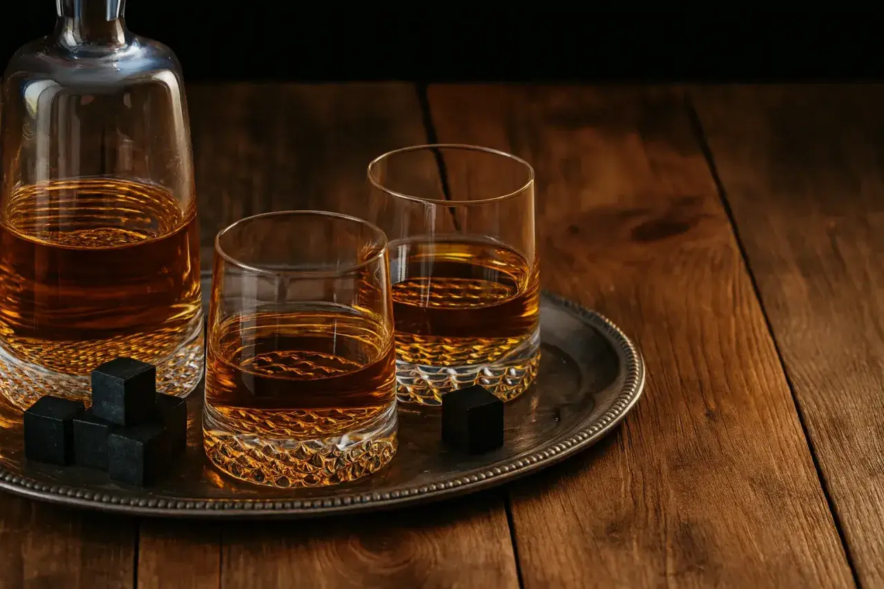 Dwa kieliszki whisky i karafka na tacy. Obok kostki chłodzące (stones) pokazują, dlaczego są lepsze od lodu, unikając rozcieńczenia.