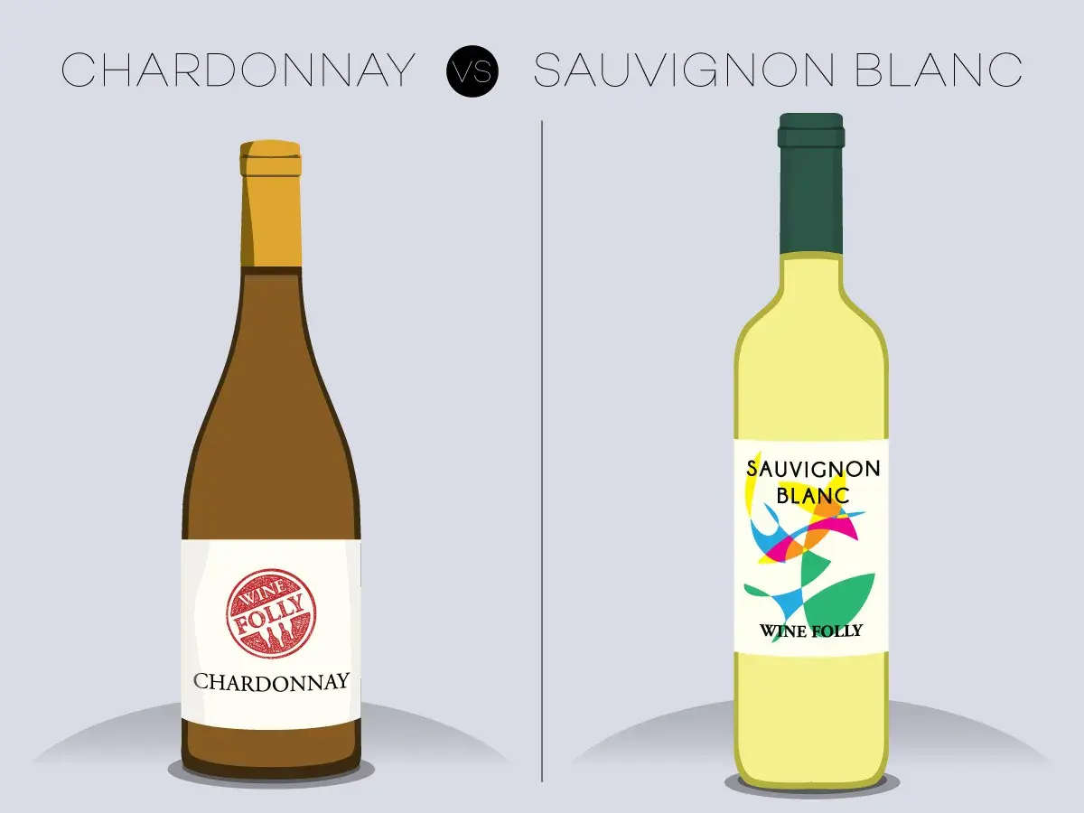 Ilustracja porównuje butelki Chardonnay i Sauvignon Blanc, podkreślając różnicę między szczepem Chardonnay a Sauvignon Blanc w aromacie.