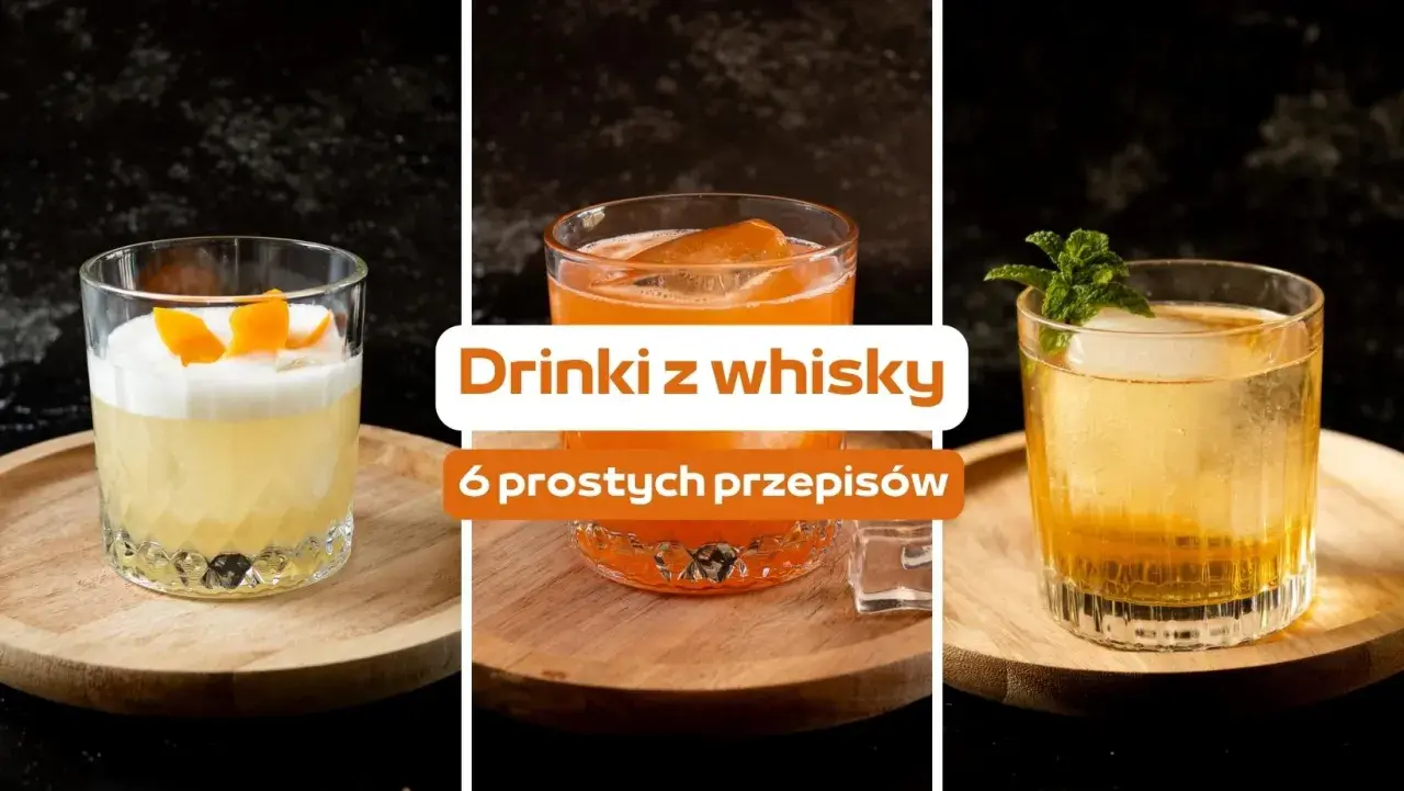 Trzy drinki z whisky: jeden z pianką i skórką pomarańczy, drugi pomarańczowy z lodem, trzeci ze świeżą miętą.